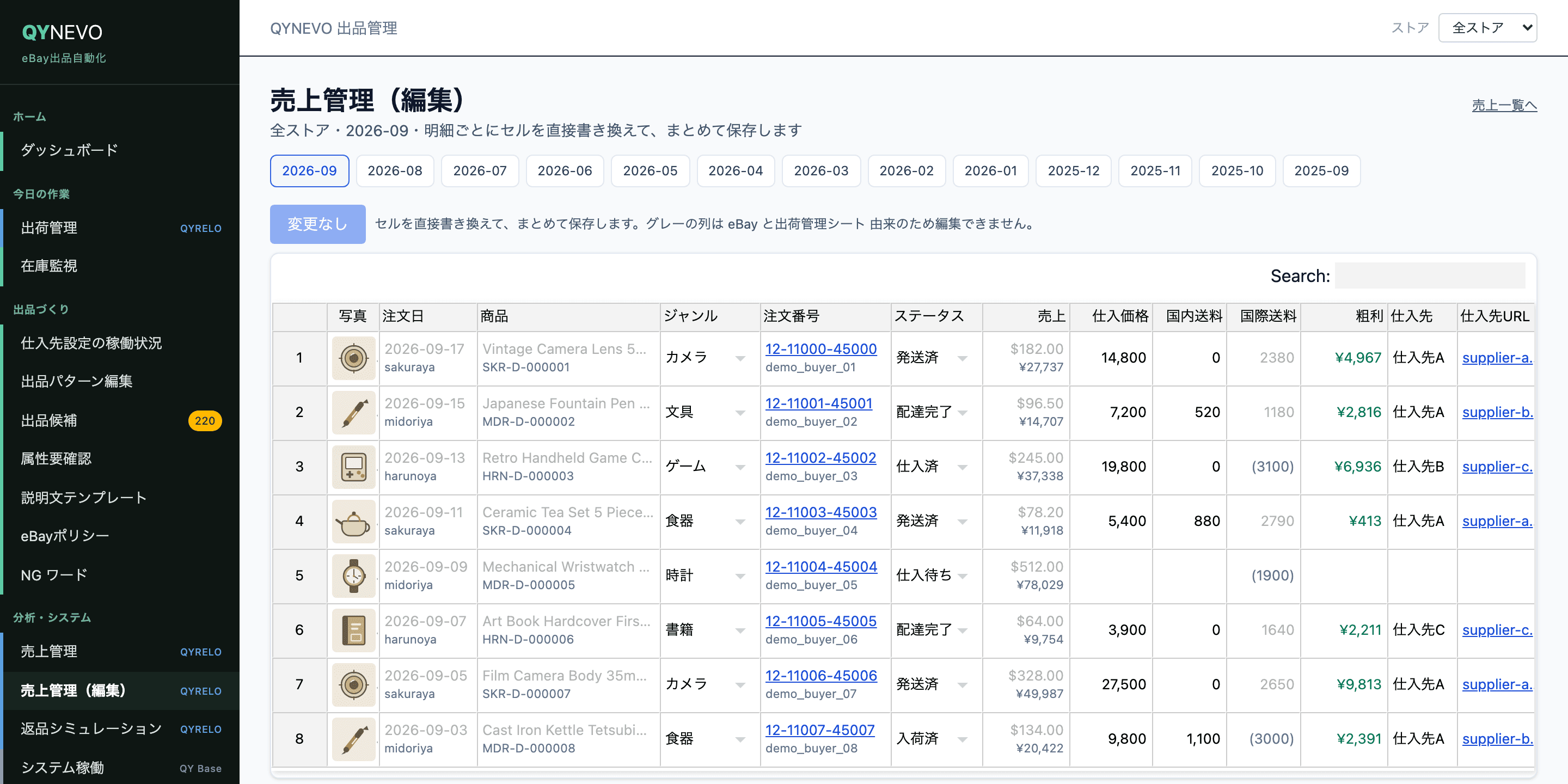 明細ごとに売上・仕入価格・国内送料・国際送料・粗利が1行に並ぶQYRELOの売上管理編集画面