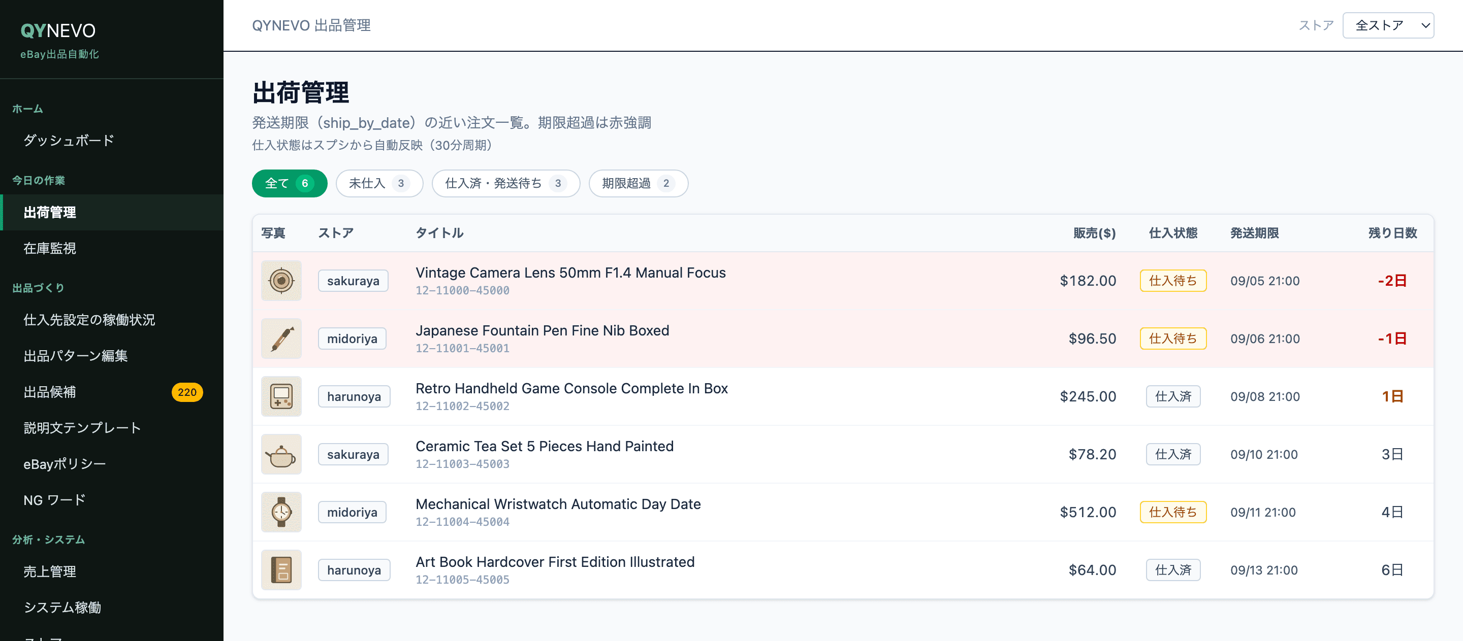 発送期限の近い注文を、仕入状態と残り日数つきで一覧している出荷管理画面